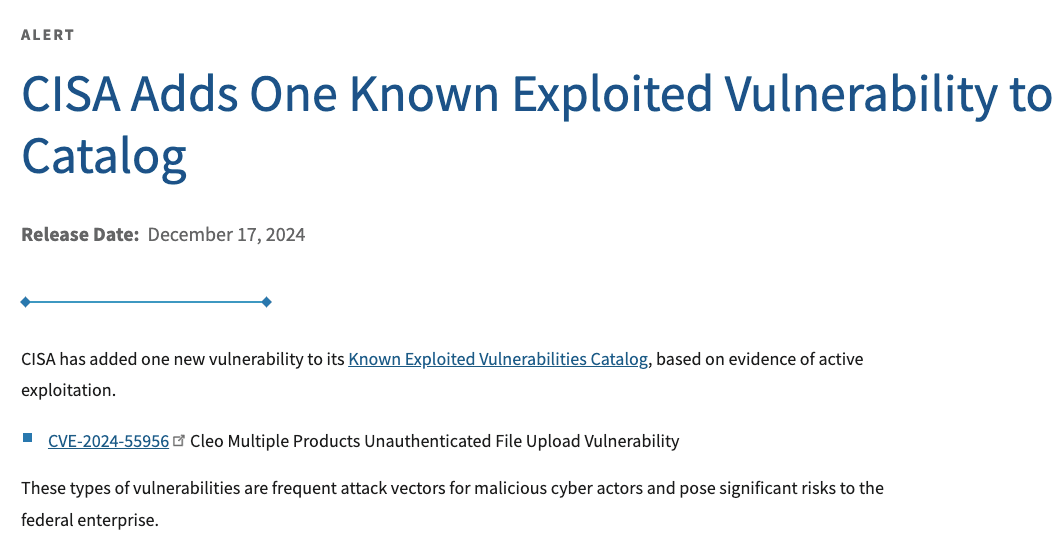 CISA’s alert on one of the exploited Cleo vulnerabilities.