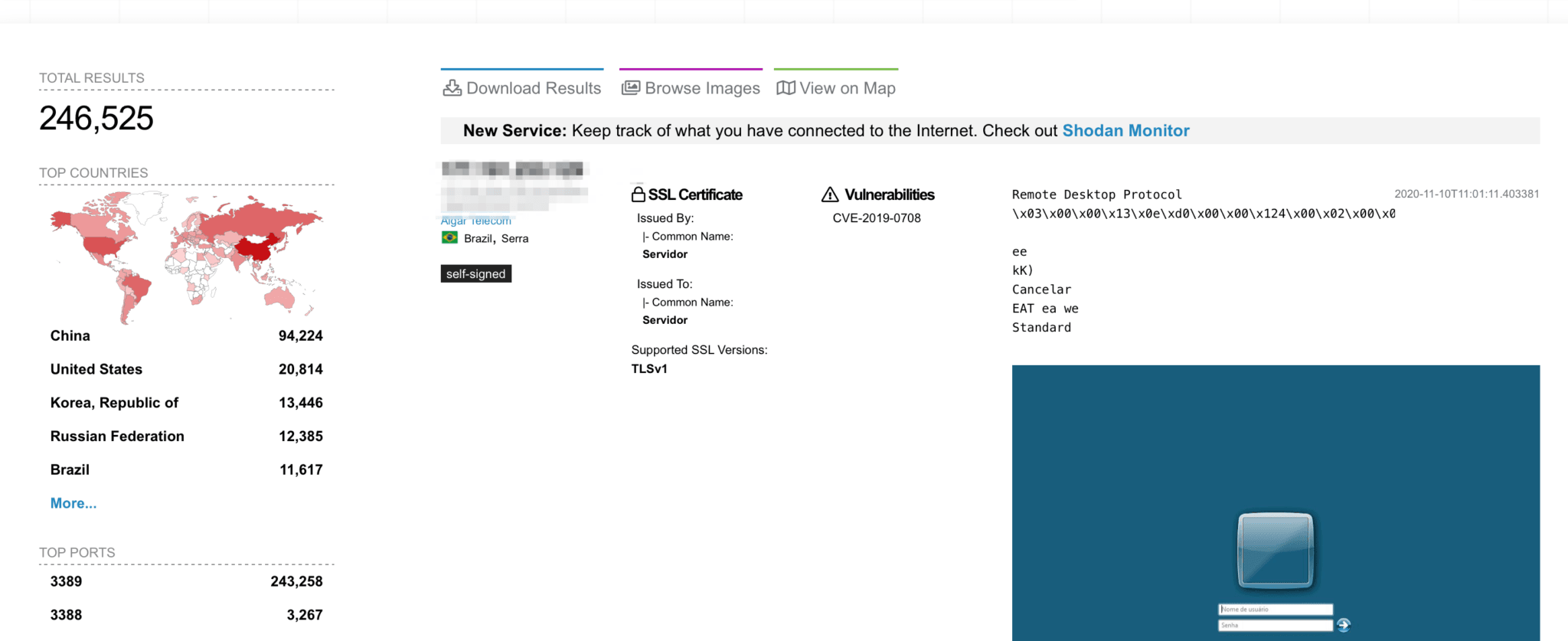 A Shodan search yields 246,525 CVE-2019-0708 vulnerable devices worldwide, with 20,814 of them deployed in the  U.S.
