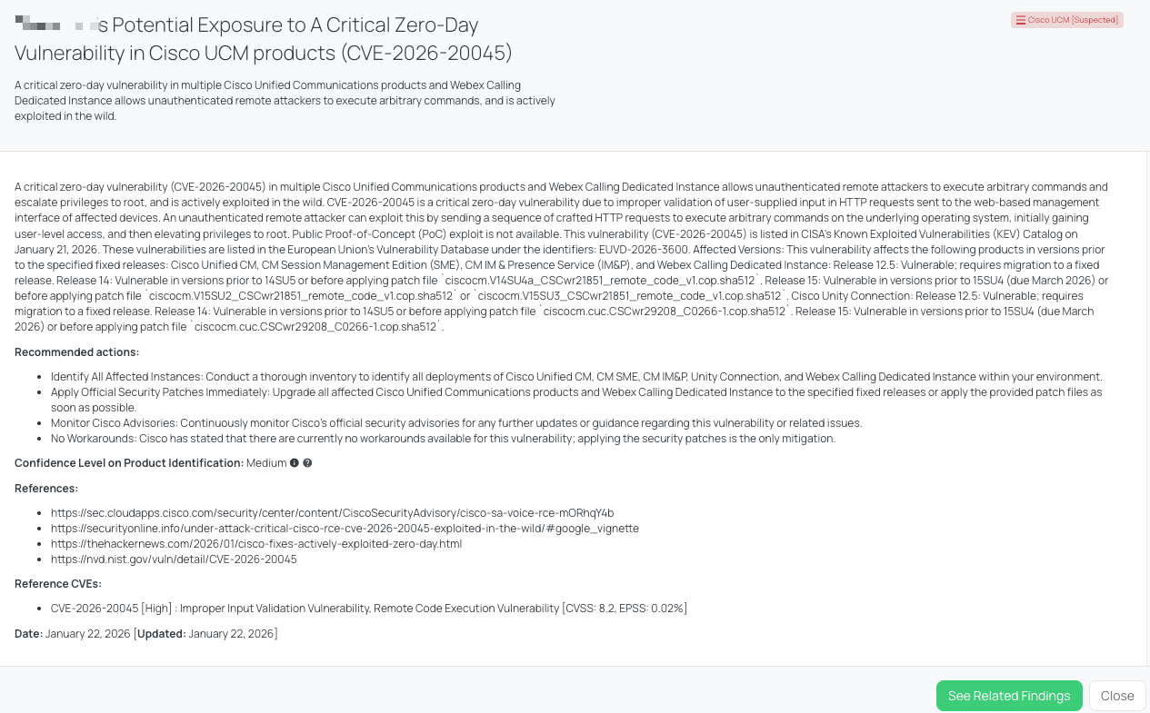 <caption> Black Kite's Cisco UCM FocusTag®TM details critical insights on the event for TPRM professionals.